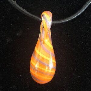Handblown Glass Swirl Pendant Necklace Reversible Leather Purple Yellow Orange